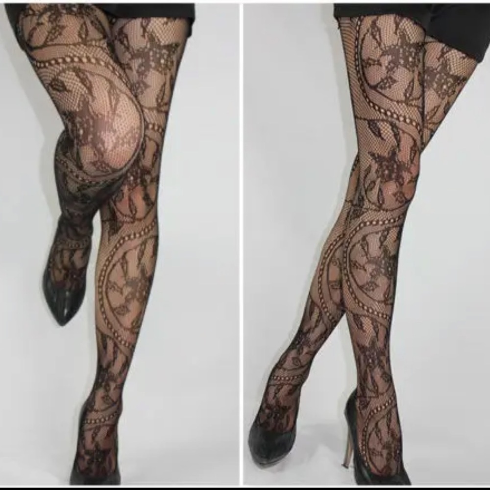 🔥Sexy Black floral lace fishnet stockings pantyhose OSFM - Picture 3 of 3